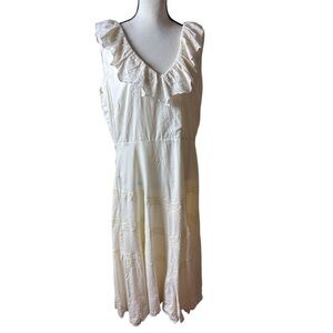 Lauren Ralph Lauren Off-White Sleeveless Ruffle Neck 100%cotton Maxi Dress Sz 18